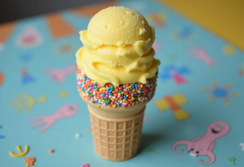 Final presentation of a SpongeBob SquarePants ice cream cone, showcasing bright yellow ice cream and colorful details in a fun and inviting setting.