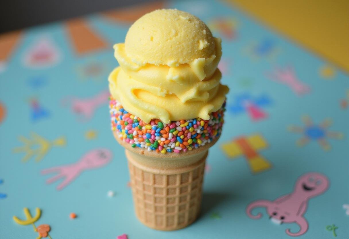 Final presentation of a SpongeBob SquarePants ice cream cone, showcasing bright yellow ice cream and colorful details in a fun and inviting setting.