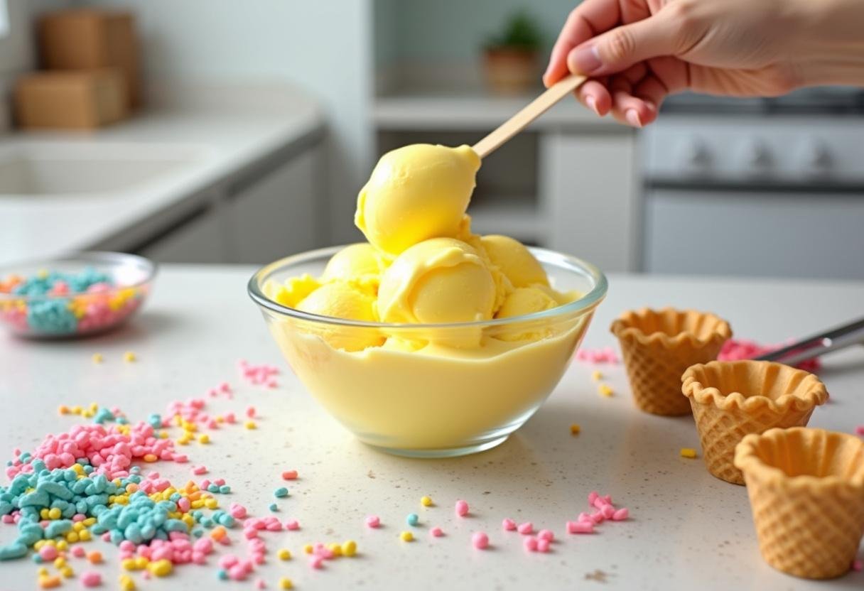 Making a SpongeBob SquarePants ice cream cone with ingredients like bright yellow ice cream and colorful sprinkles in a vibrant kitchen.