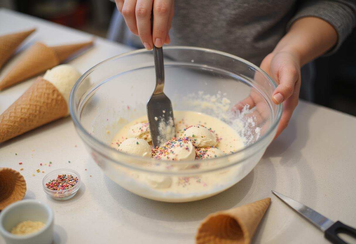 Mixing colorful sprinkles into yellow ice cream for a fun SpongeBob-inspired treat in a cheerful kitchen setting.