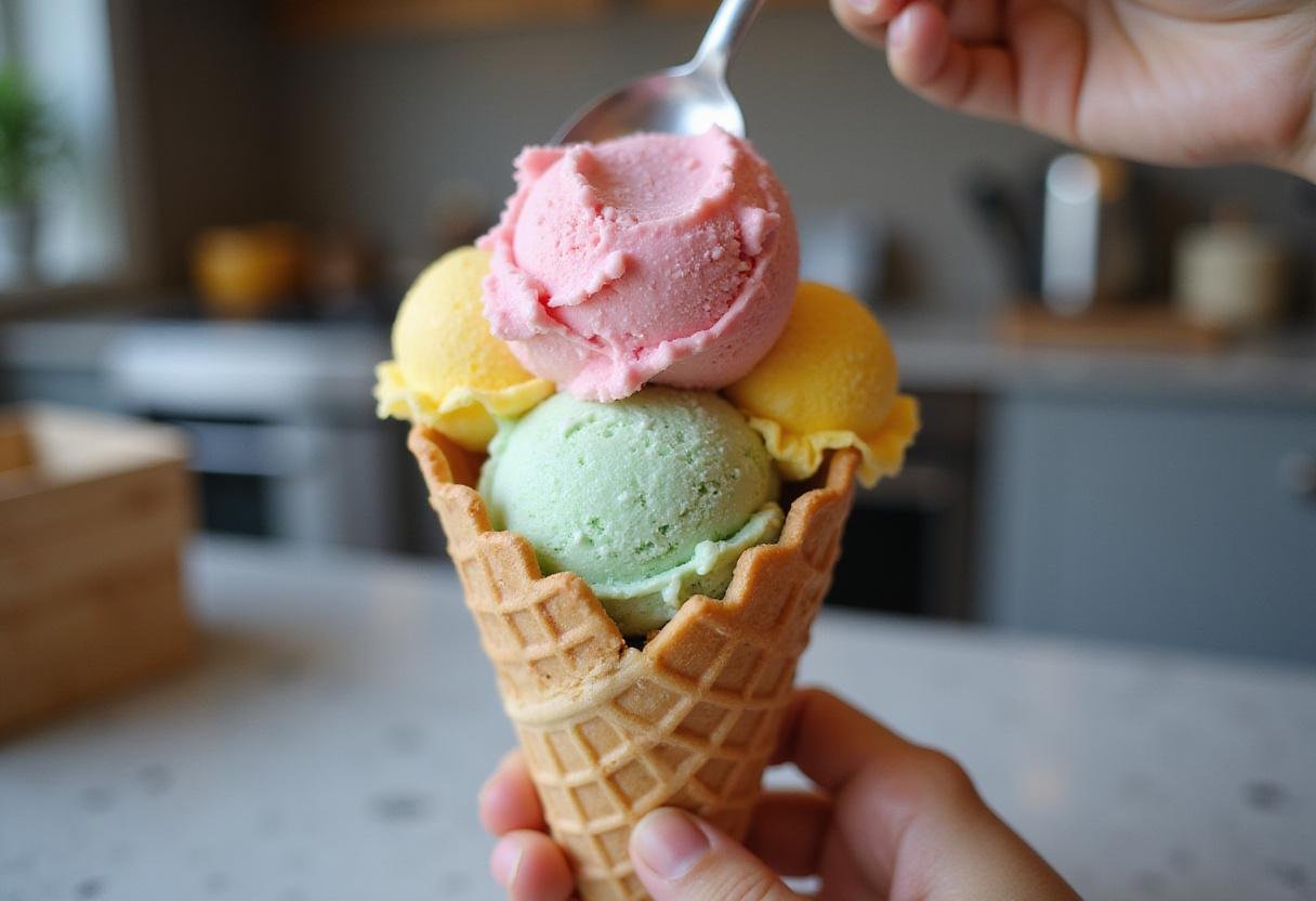 Spoonfuls of vibrant ice cream being added to a waffle cone to create a playful SpongeBob SquarePants ice cream cone, capturing a colorful dessert.