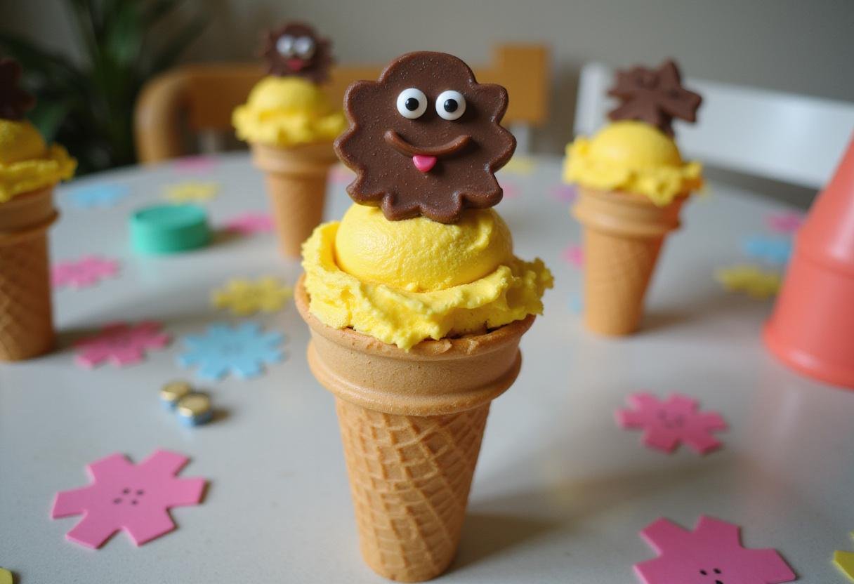 A completed SpongeBob SquarePants ice cream cone decorated with yellow ice cream and sponge-shaped chocolate, surrounded by fun and colorful details.