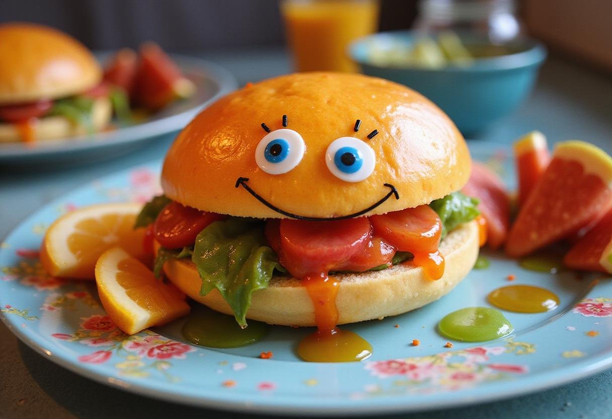 Finished SpongeBob SquarePants Jellyfish Jelly Sandwich served with colorful fruit, embodying the joy of the beloved cartoon.