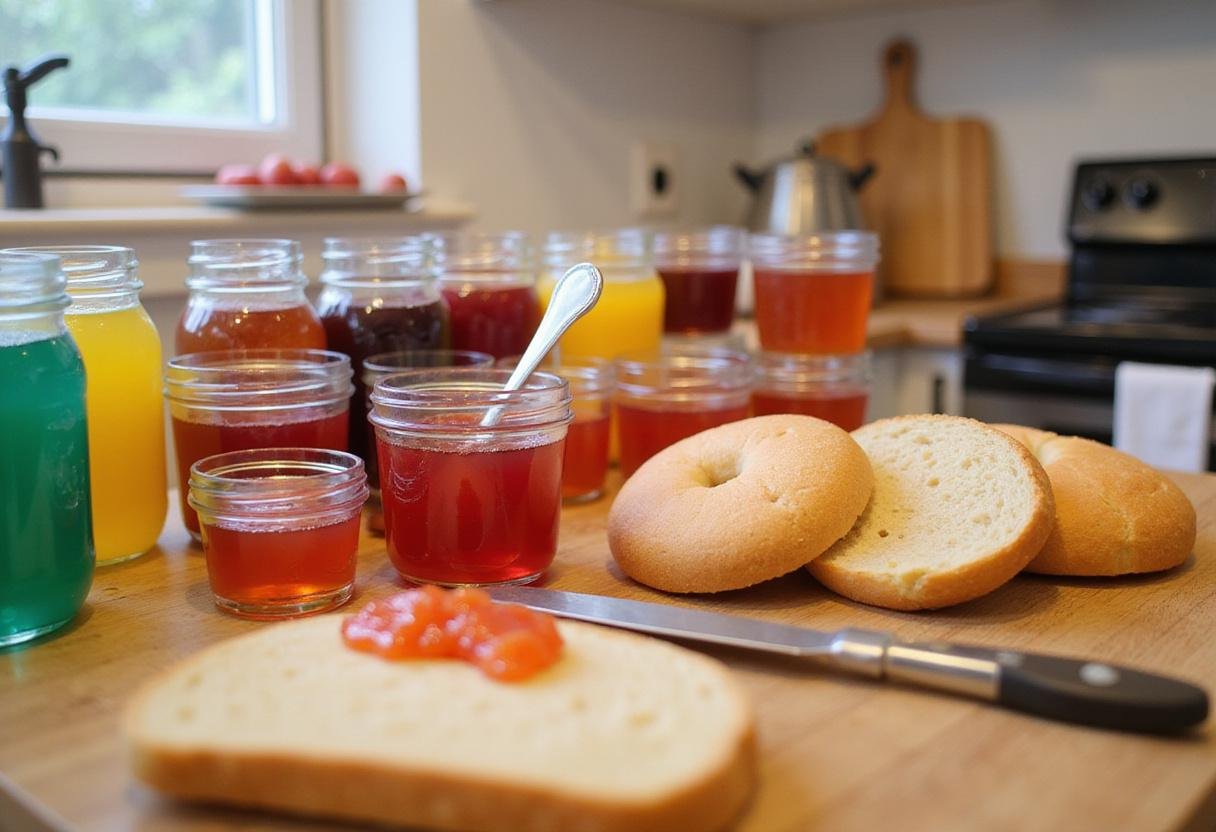 SpongeBob SquarePants Jellyfish Jelly Sandwich ingredients cheerful kitchen scene with jelly jars and bread.