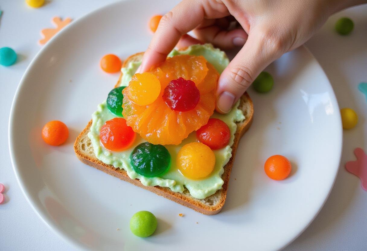 Spreading colorful jelly on bread for SpongeBob SquarePants Jellyfish Jelly Sandwich, showcasing jellyfish-inspired colors.