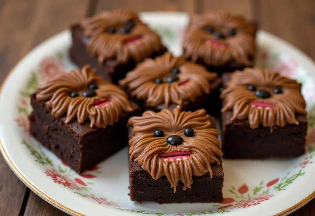 Deliciously decorated Chewbacca brownies on a plate, showcasing the fun creativity of Star Wars-themed desserts.