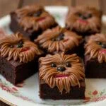 Deliciously decorated Chewbacca brownies on a plate, showcasing the fun creativity of Star Wars-themed desserts.