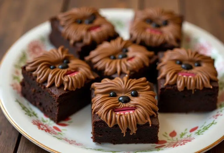 Deliciously decorated Chewbacca brownies on a plate, showcasing the fun creativity of Star Wars-themed desserts.