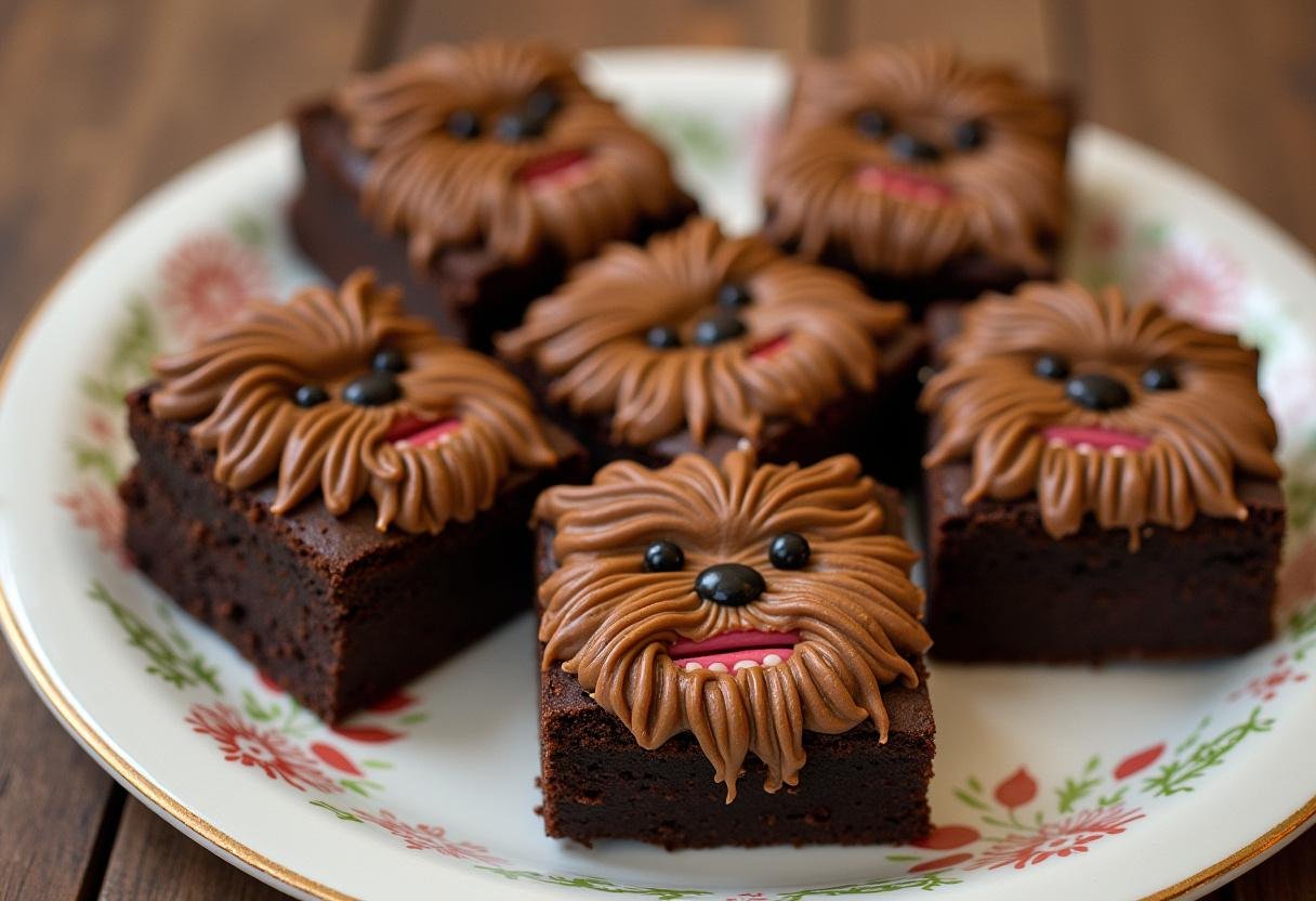 Deliciously decorated Chewbacca brownies on a plate, showcasing the fun creativity of Star Wars-themed desserts.