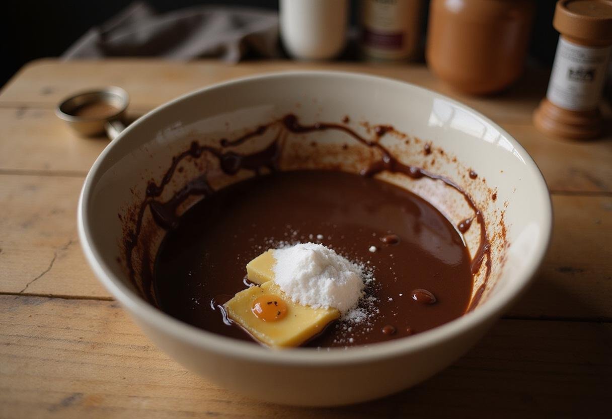 Making Chewbacca brownies by mixing melted chocolate and butter in a warm kitchen, capturing the essence of Star Wars baking.