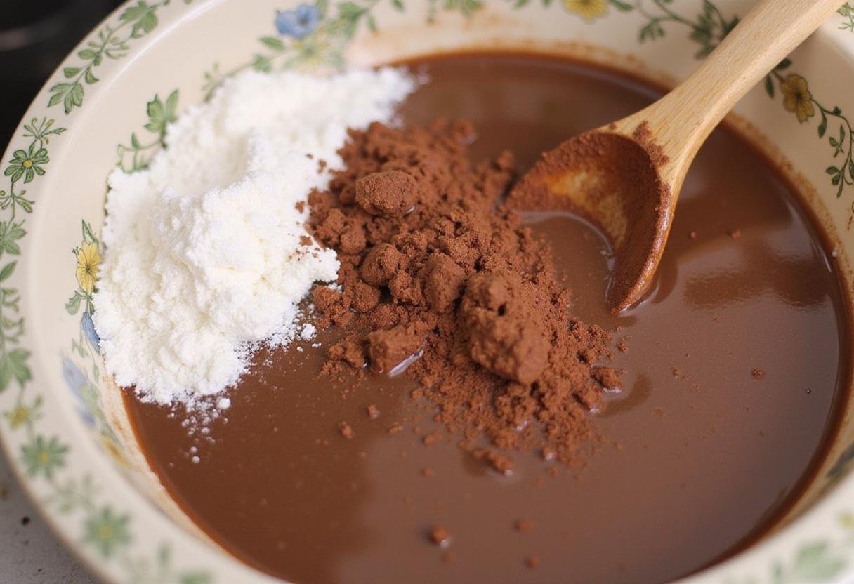 Adding flour and cocoa powder to create the chewy brownie batter, inspired by the Chewbacca theme from Star Wars.