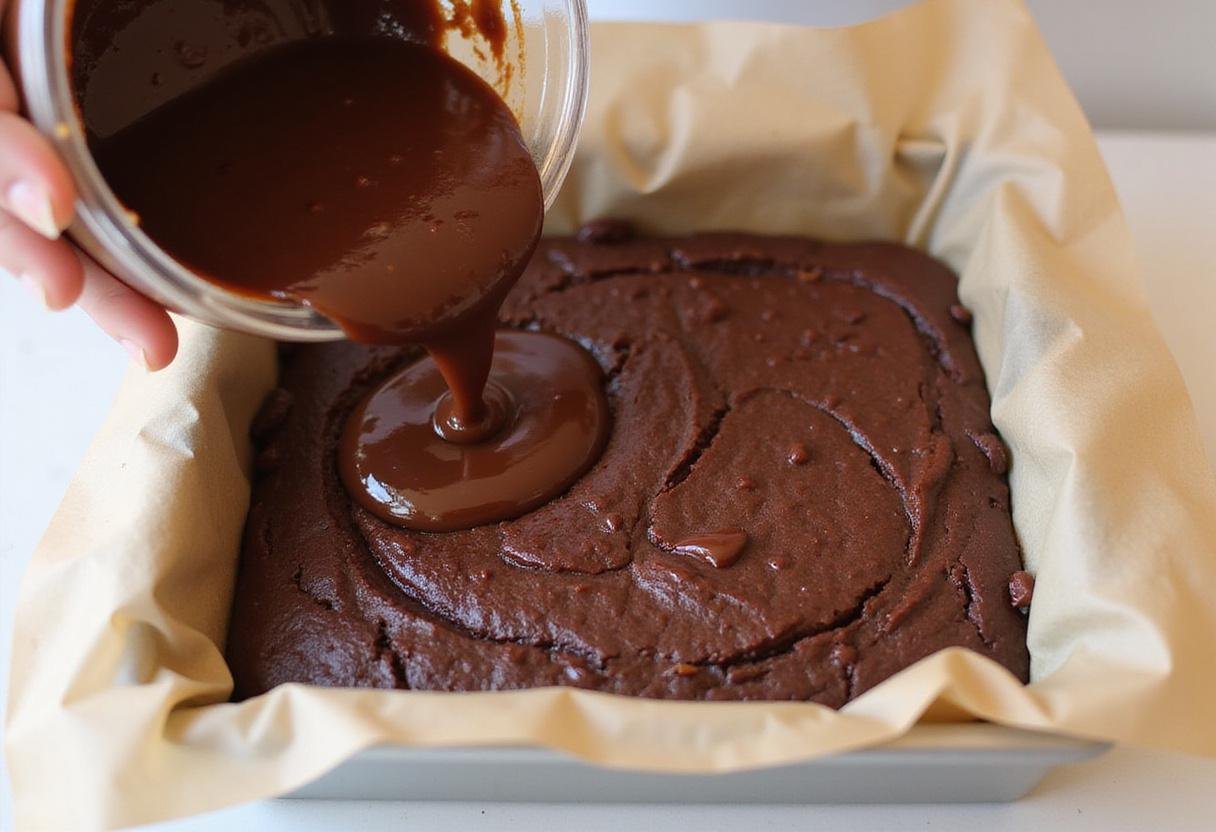Pouring the thick brownie mixture into a baking dish, preparing to bake Chewbacca-themed brownies with rich chocolate flavor.