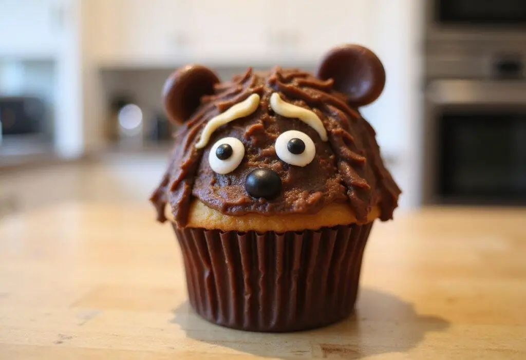 Star Wars Ewok Cupcake masterpiece, showcasing chocolate frosting and fun edible decorations, a delightful treat for fans.