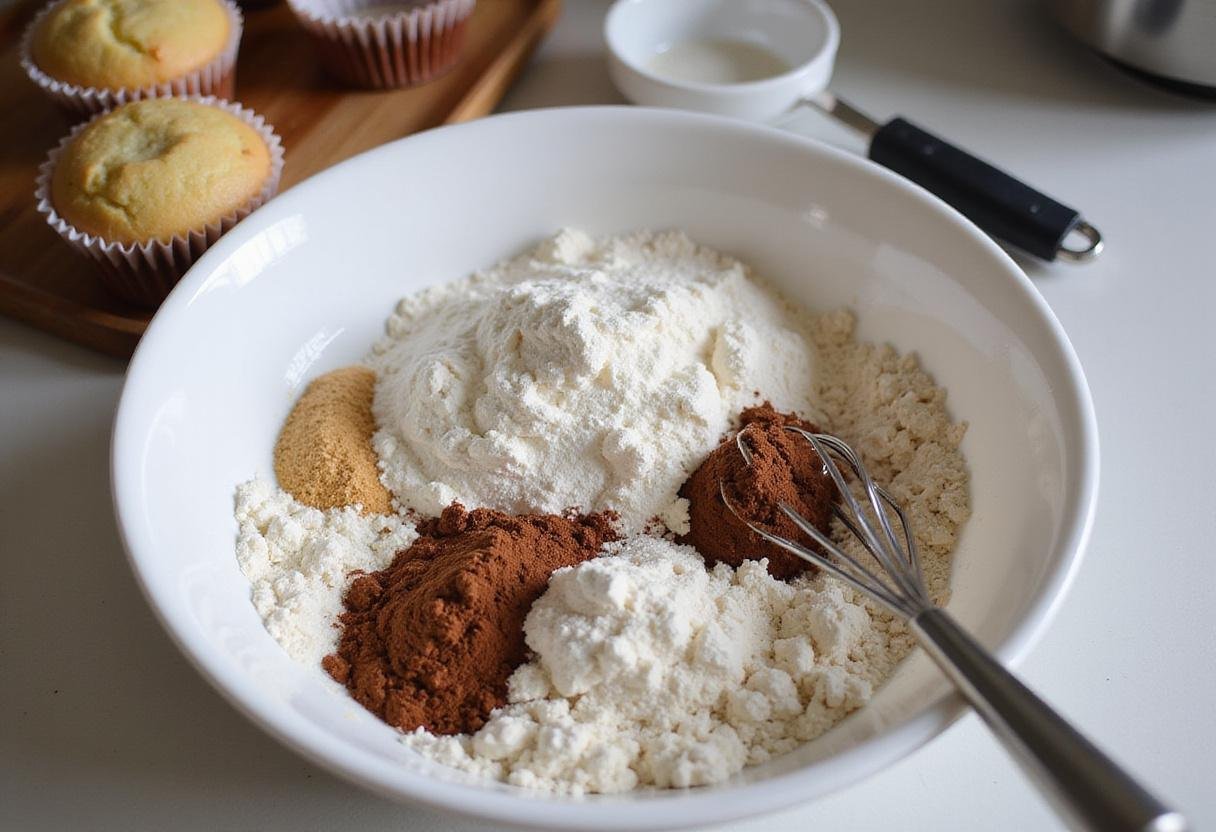Star Wars Ewok Cupcakes ingredients in a bowl, featuring flour, sugar, and cocoa powder, perfect for a fun baking adventure.