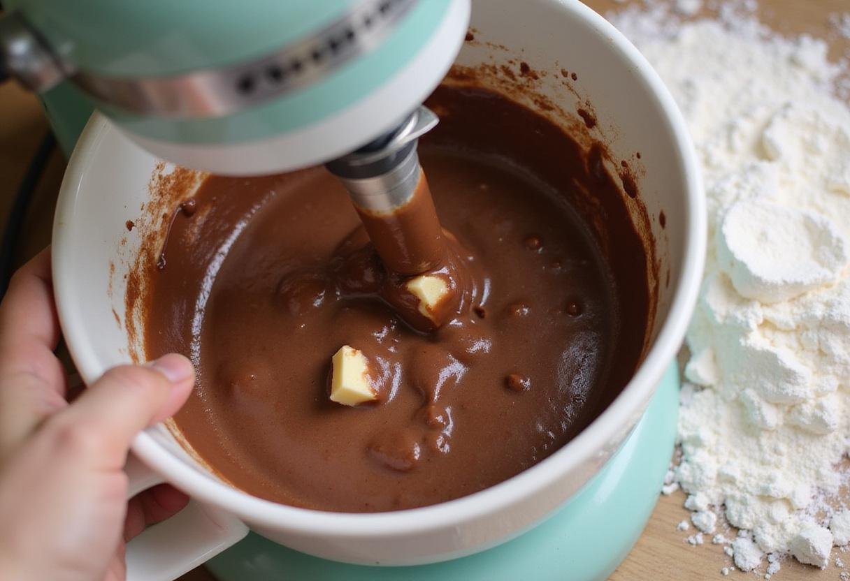 Creating the chocolate batter for Star Wars Ewok Cupcakes with an electric mixer, showcasing a fun baking process.