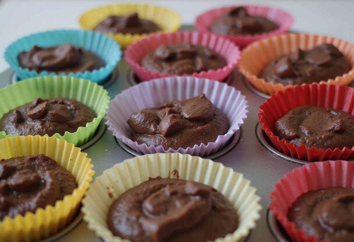 Cupcake tray filled with chocolate batter for Ewok Cupcakes, perfectly prepared for baking and bringing joy to Star Wars fans.