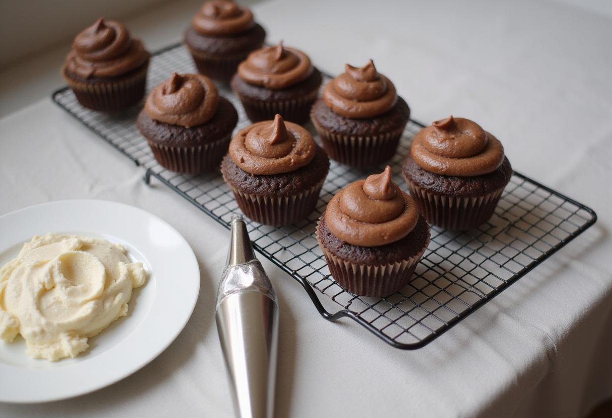 Cooling chocolate cupcakes for Star Wars Ewok Cupcakes, surrounded by delicious frosting, ready for creative decoration.