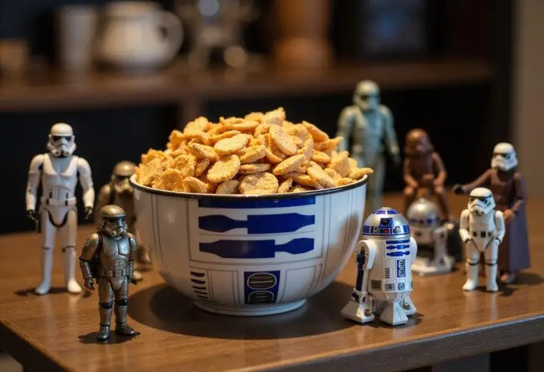 Final presentation of Star Wars R2D2 Snack Mix in a themed setting, perfect for any Star Wars gathering or celebration.