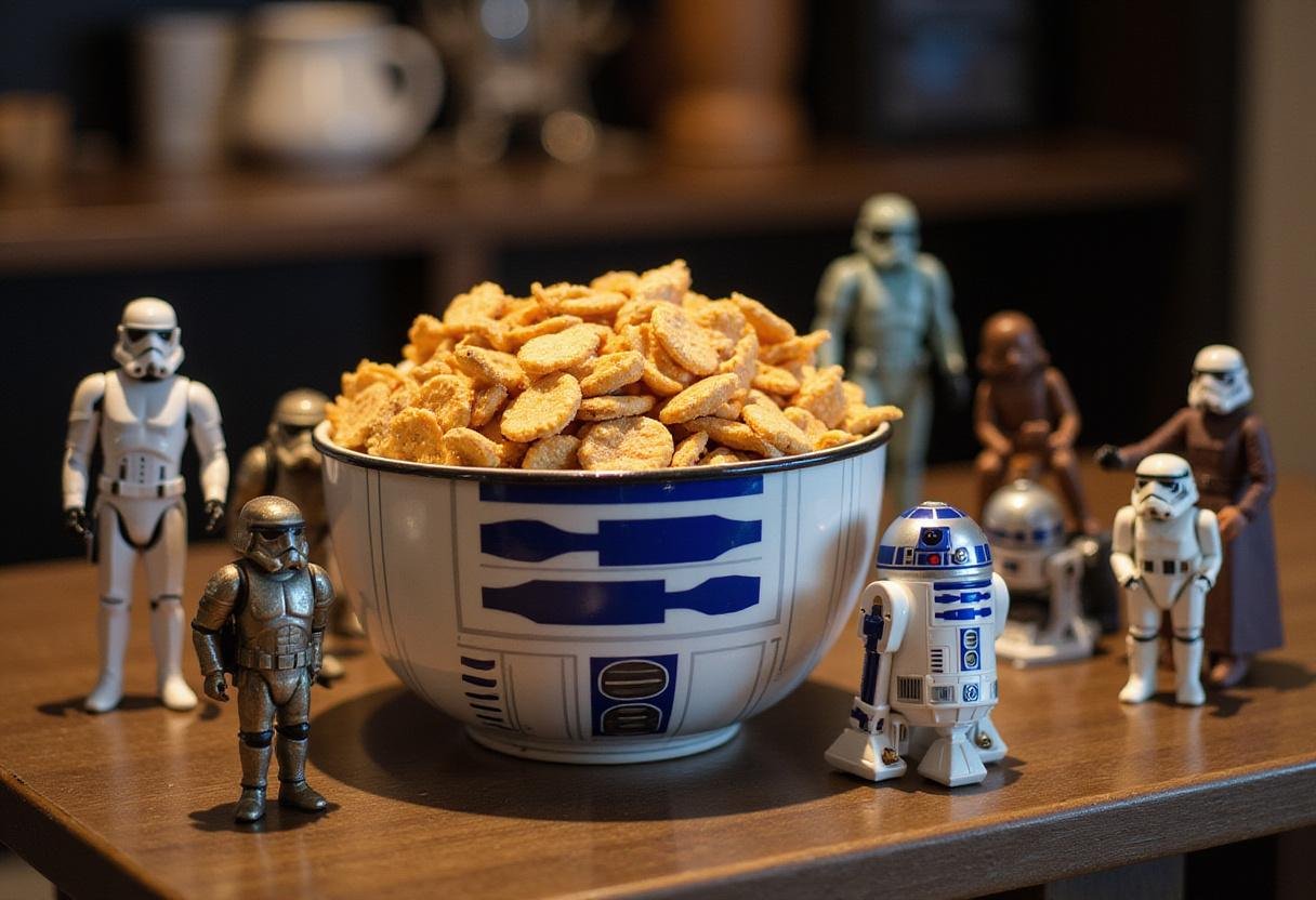 Final presentation of Star Wars R2D2 Snack Mix in a themed setting, perfect for any Star Wars gathering or celebration.