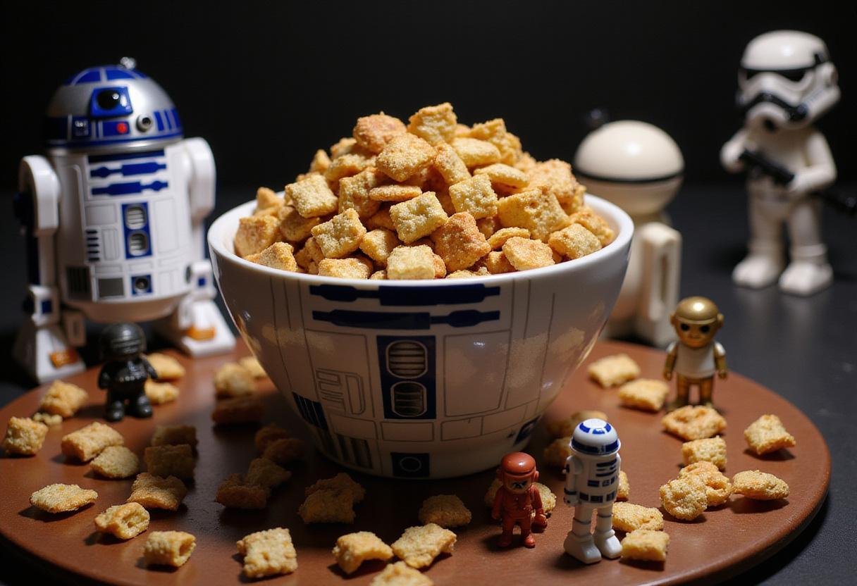 Final presentation of Star Wars R2D2 Snack Mix in a themed setting, perfect for any Star Wars gathering or celebration.