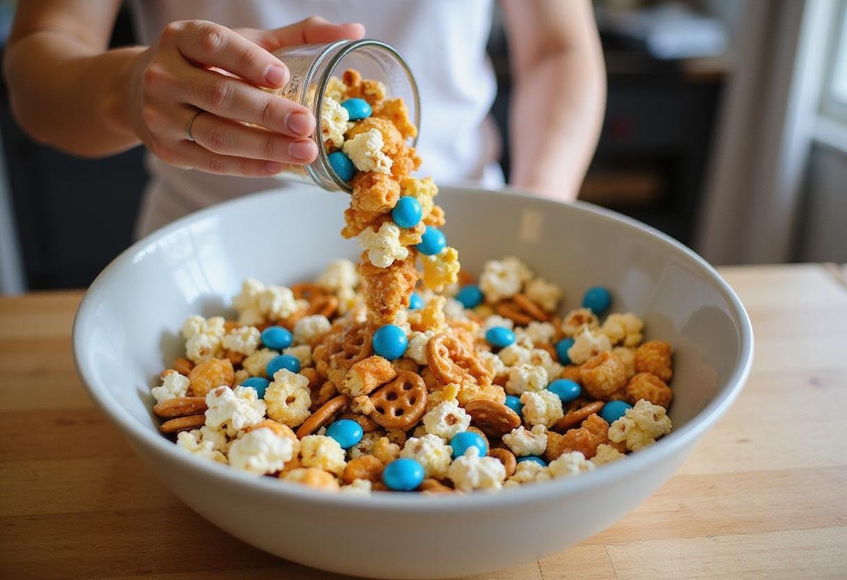 Star Wars R2D2 Snack Mix ingredients combined in a colorful bowl featuring popcorn, pretzels, and blue candy for a fun party treat.