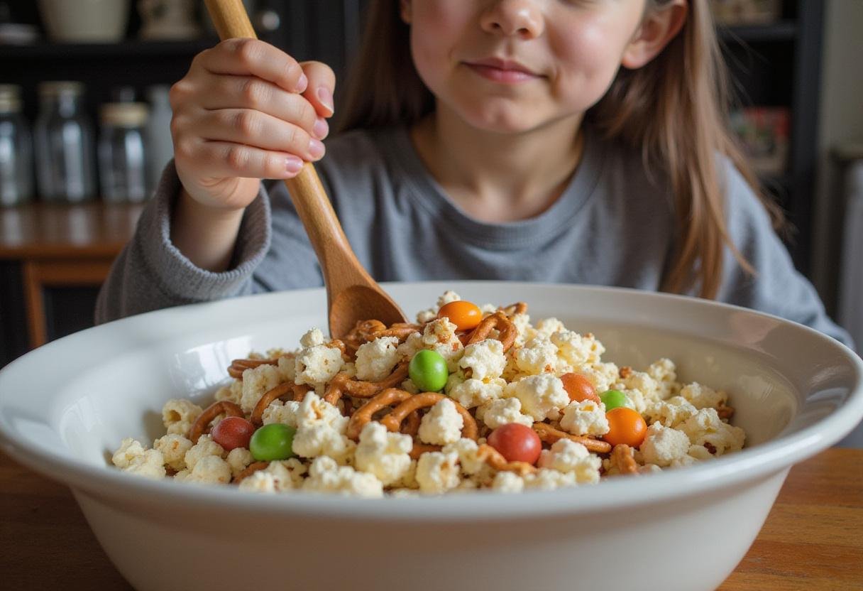 Mixing the components of Star Wars R2D2 Snack Mix with a wooden spoon, showing how to create this delightful and thematic snack.