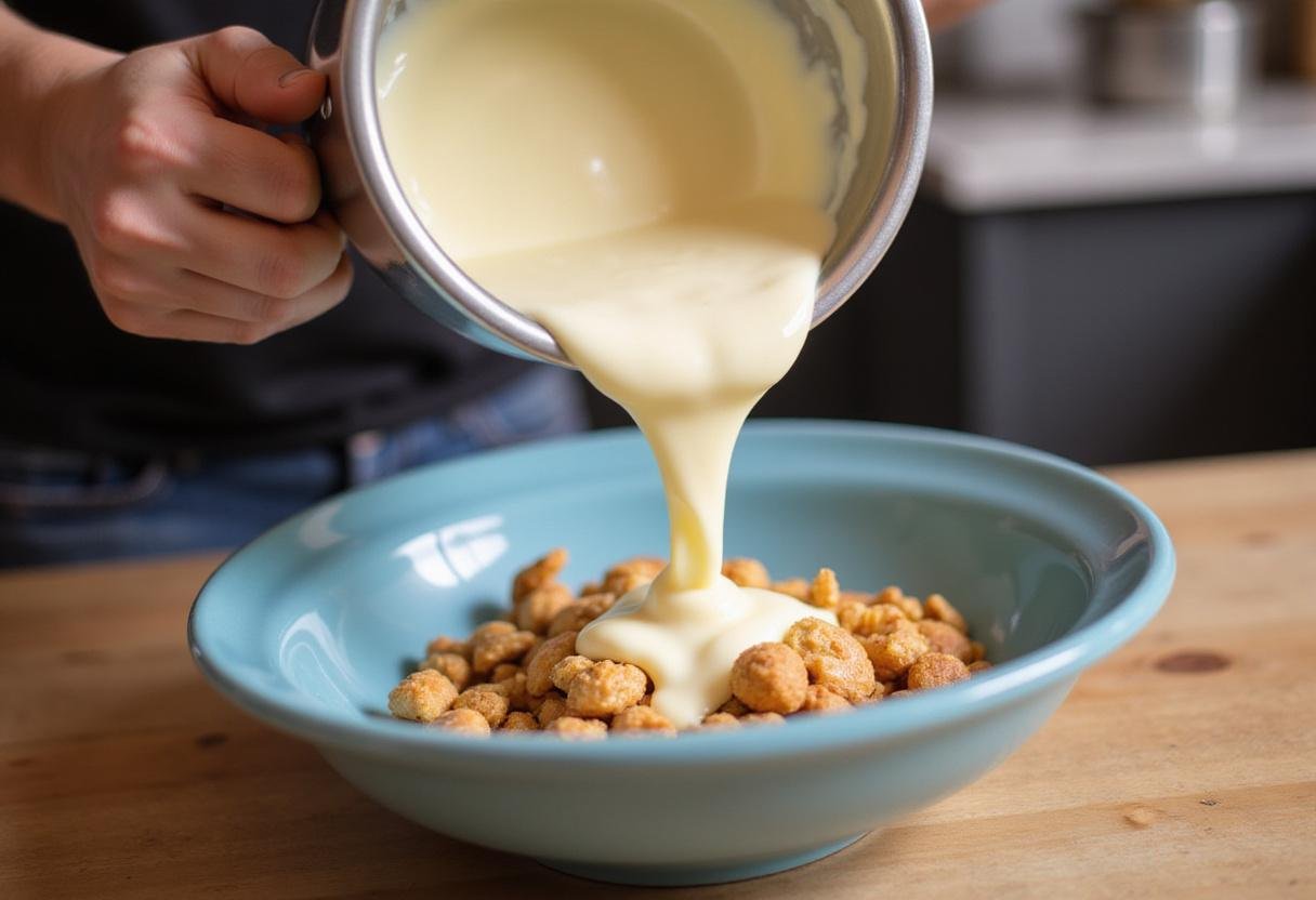 Pouring melted white chocolate over Star Wars R2D2 Snack Mix, ensuring a sweet and sticky coating for the perfect snack.