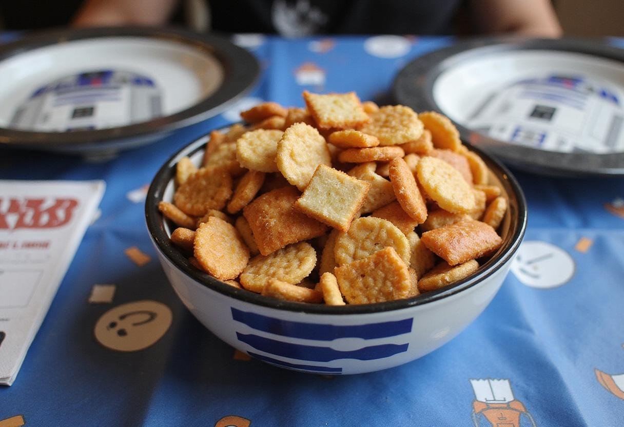Beautifully arranged Star Wars R2D2 Snack Mix in a decorative bowl, perfect for parties and fans of the franchise.