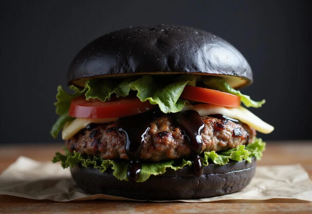 Close-up of a mouth-watering Star Wars Sith Burger with activated charcoal bun and delicious toppings, highlighting the unique and appealing presentation.