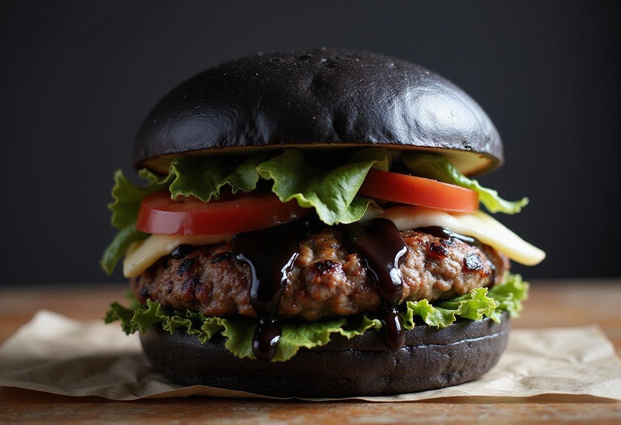 Close-up of a mouth-watering Star Wars Sith Burger with activated charcoal bun and delicious toppings, highlighting the unique and appealing presentation.