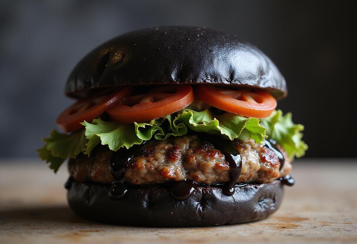 Close-up of a mouth-watering Star Wars Sith Burger with activated charcoal bun and delicious toppings, highlighting the unique and appealing presentation.