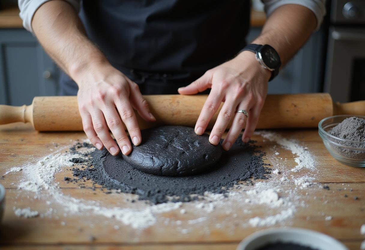 Preparing black burger buns for delicious Star Wars Sith Burgers using activated charcoal, showcasing dough preparation with a wooden countertop and baking ingredients.