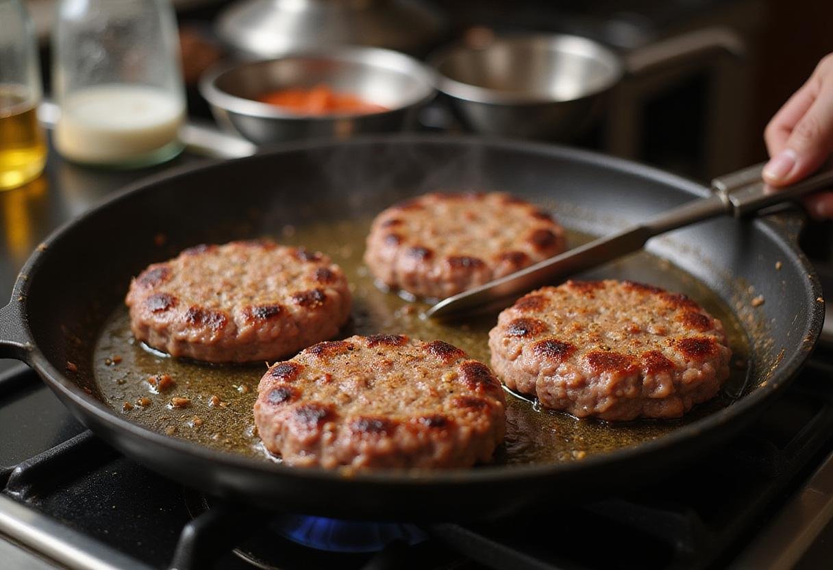 Cooking juicy beef patties for Star Wars Sith Burgers in a skillet, capturing the process of seasoning and sizzling for maximum flavor.