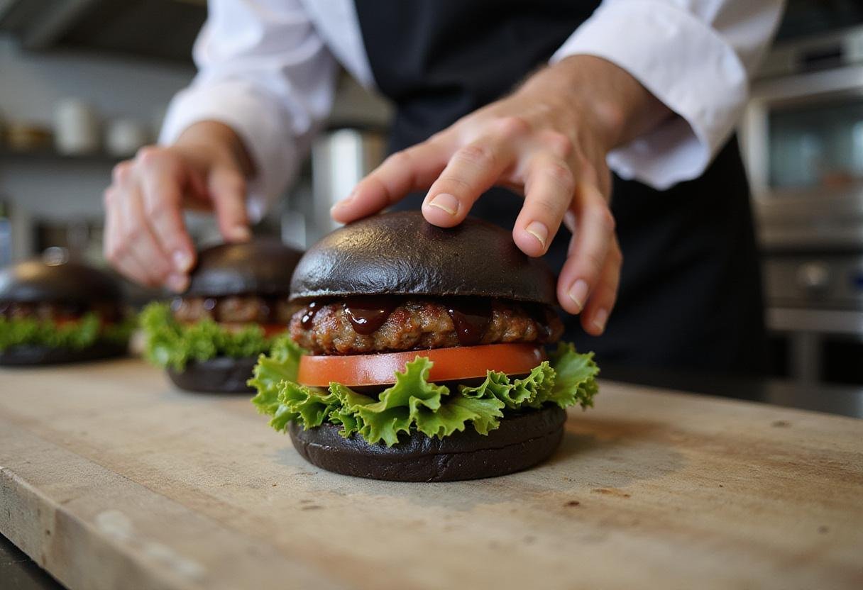 Assembling delicious Star Wars Sith Burgers, showcasing black buns, juicy patties, fresh vegetables, and dark sauce for a unique flavor experience.