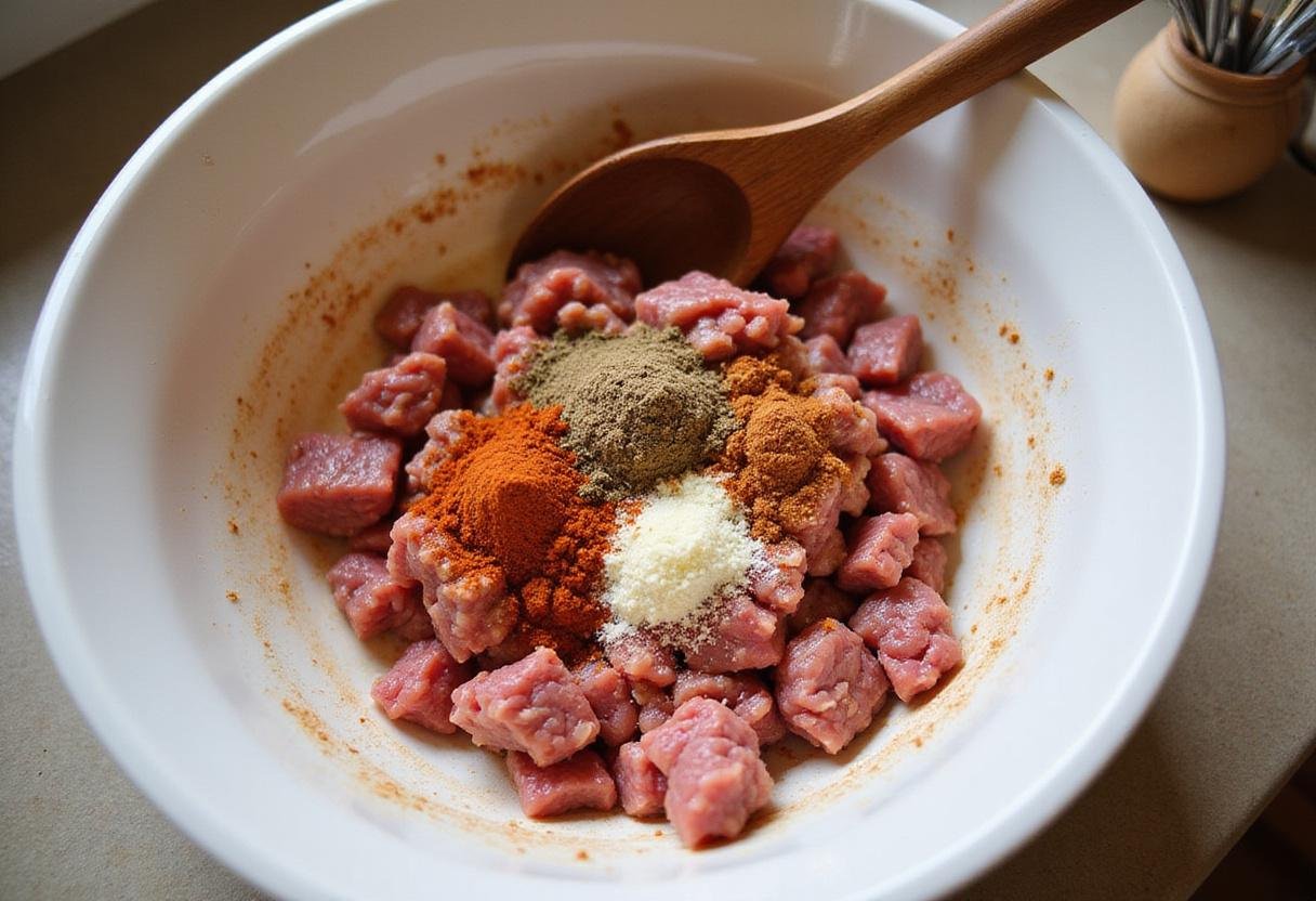 Ground beef seasoned with spices for Star Wars Tatooine Tacos, creating a flavorful filling.