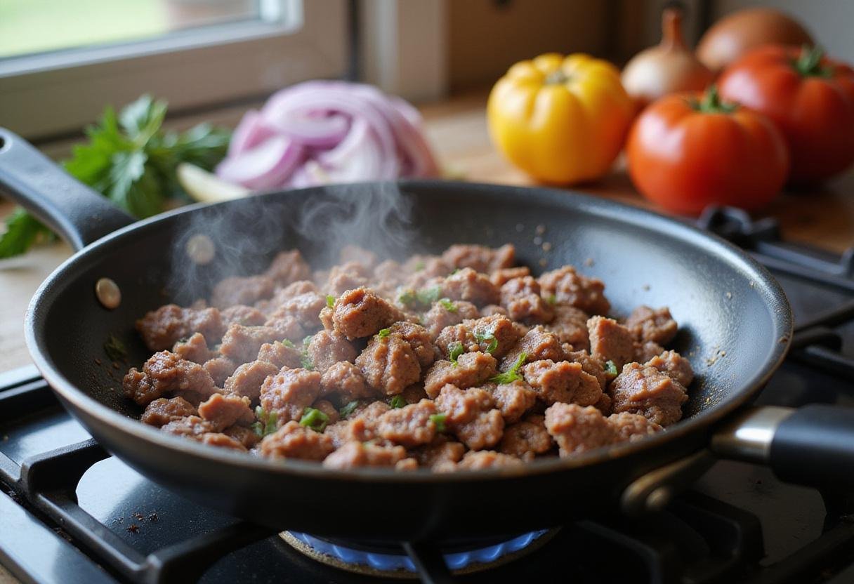 Cooking seasoned ground beef in a skillet, perfect for filling Tatooine Tacos inspired by Star Wars.