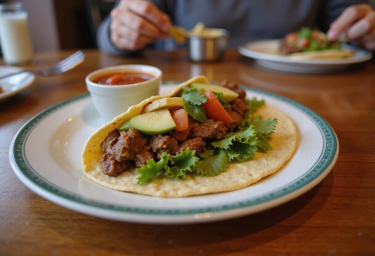 Assembling Star Wars Tatooine Tacos with seasoned beef and toppings, served with salsa for a delicious meal.