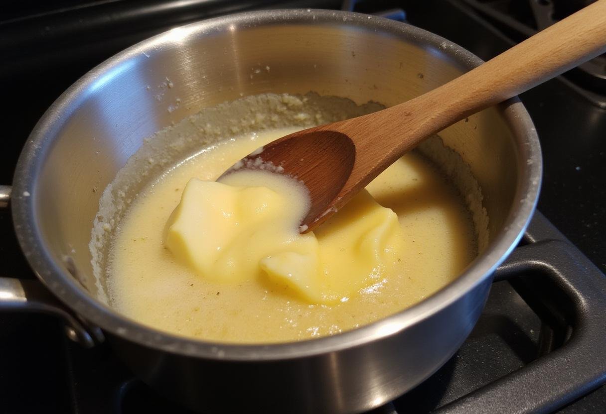 Melting butter in a saucepan for Wookiee Cookies, a unique recipe inspired by Star Wars.