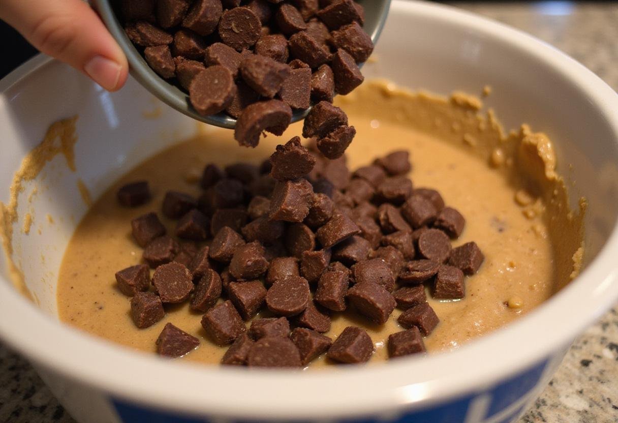 Adding chocolate chips and nuts to the cookie dough for homemade Wookiee Cookies inspired by Star Wars.
