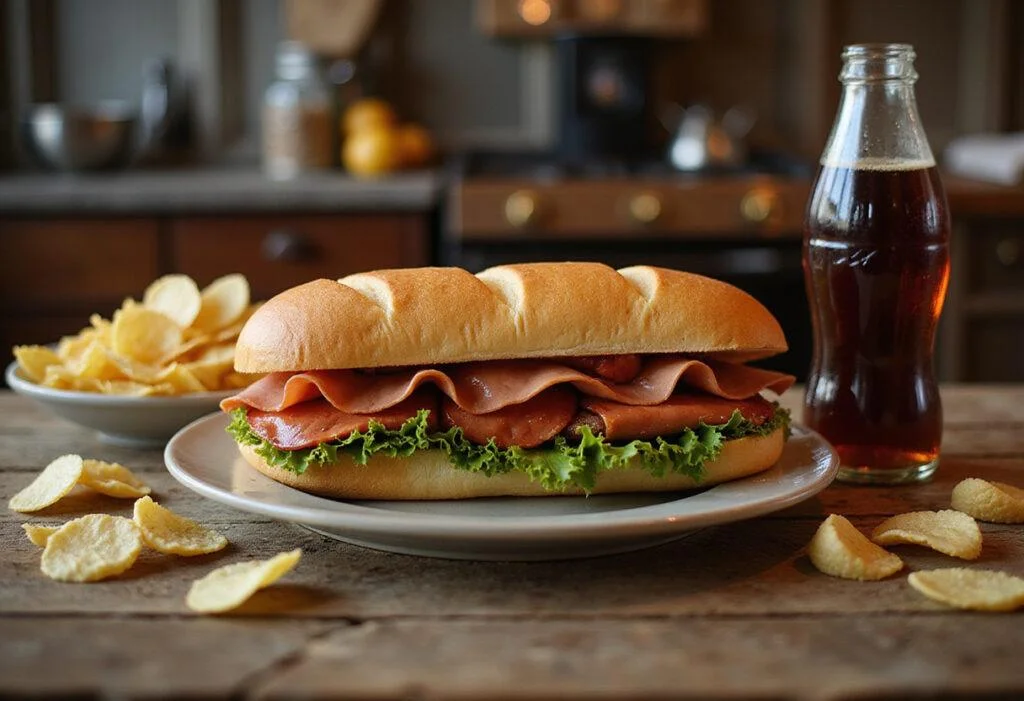 Serving a Stranger Things Bologna sandwich with potato chips and cola, capturing the nostalgic essence of childhood meals and retro vibes.