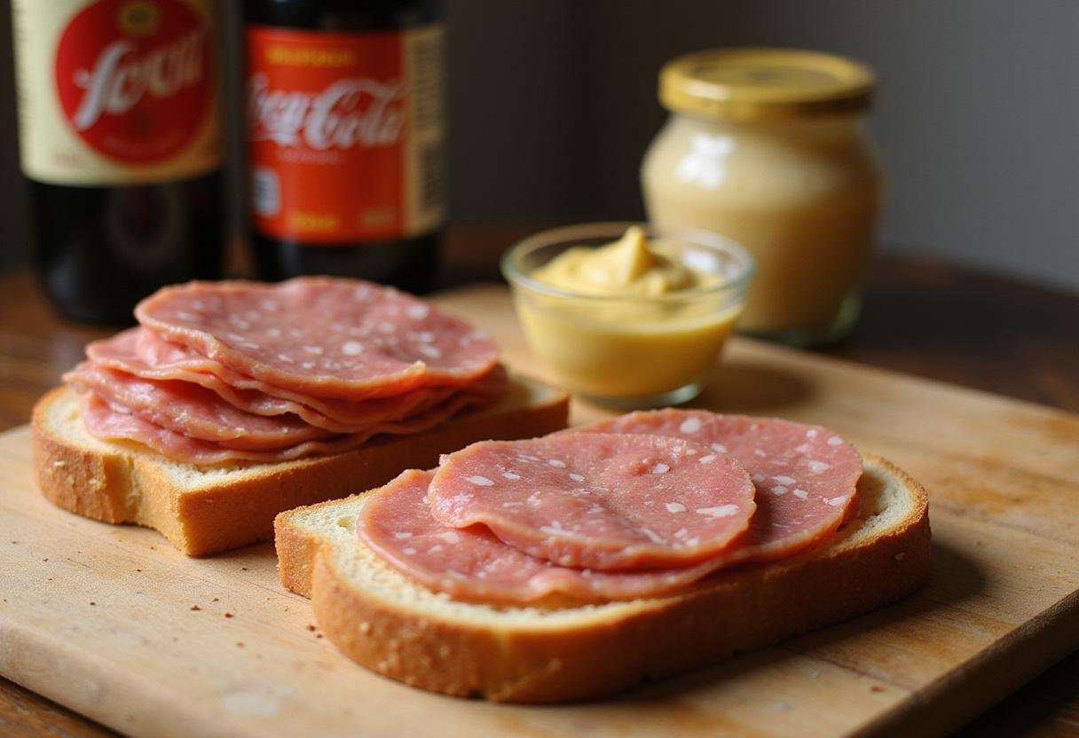 Assembling a Bologna sandwich for a nostalgic Stranger Things meal. Layers of bologna and condiments come together for the perfect bite.