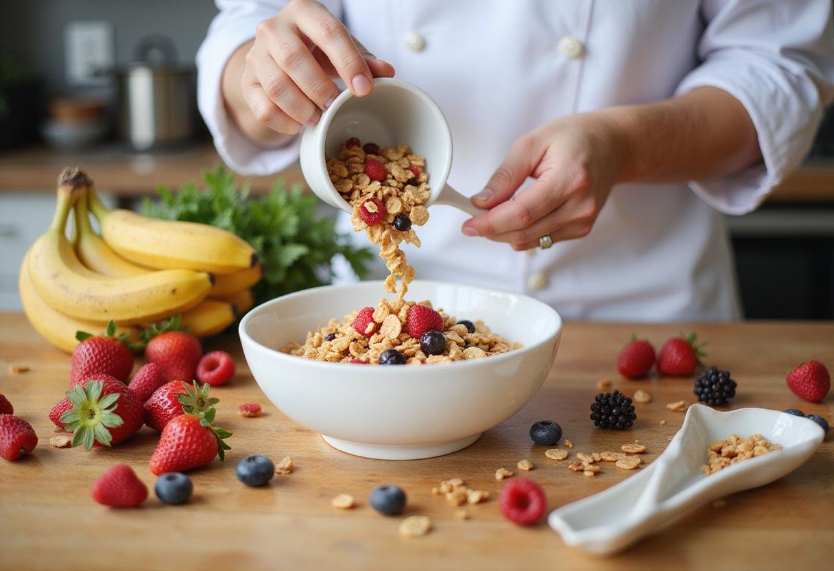 Colorful Stranger Things breakfast cereal being added to a bowl, perfect for a delicious morning meal.