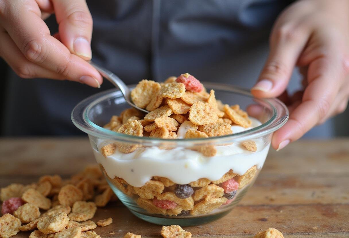 Layering cereal and yogurt for a Stranger Things breakfast, showcasing colorful ingredients for a fun meal.