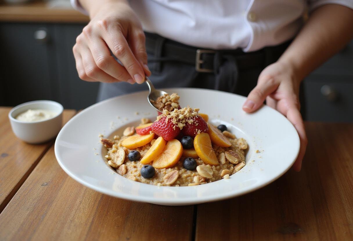 Garnishing the Stranger Things breakfast cereal bowl with fresh fruits and nuts for a delightful final touch.
