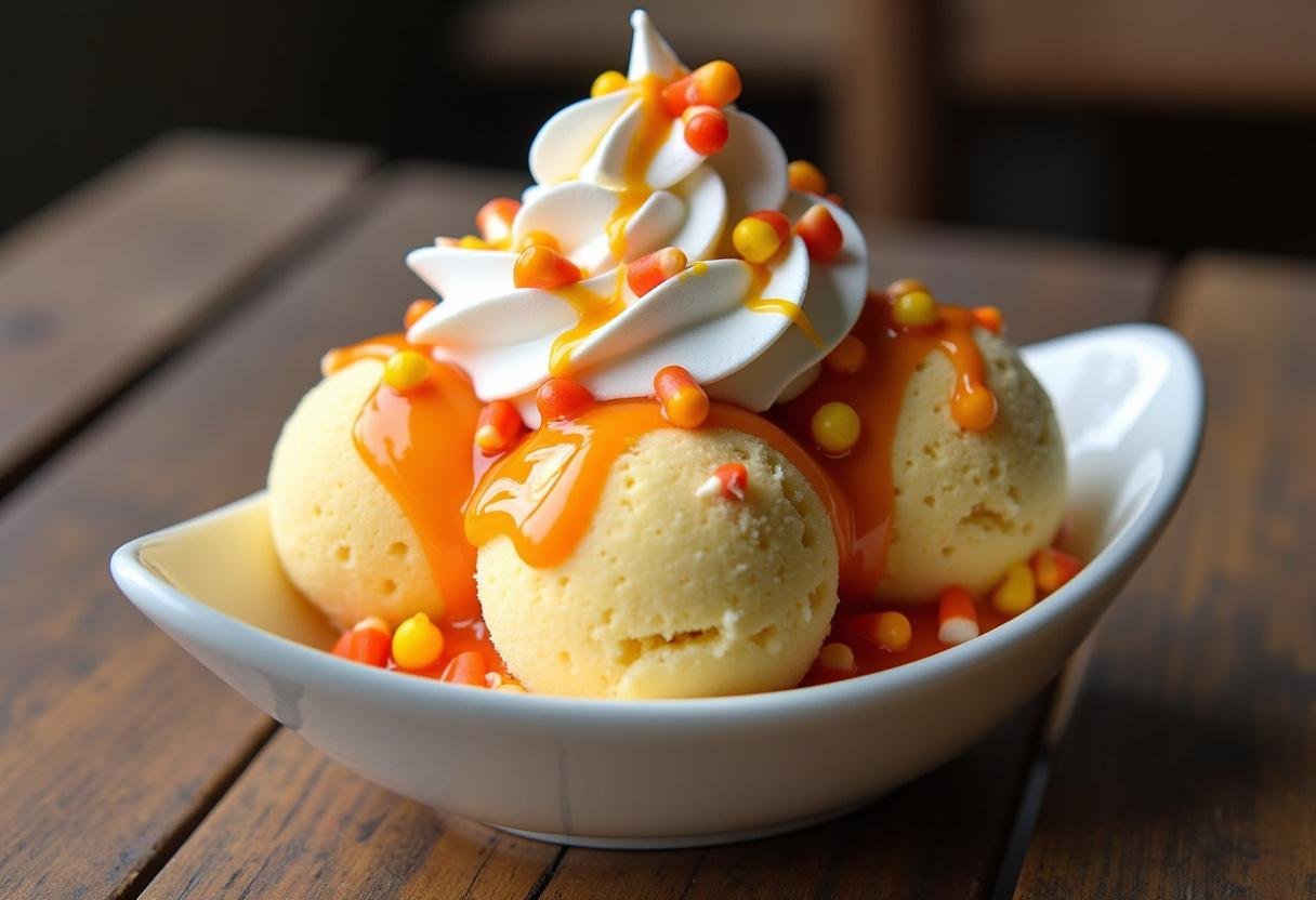 Deliciously vibrant Stranger Things Candy Corn Sundae showcasing the enticing layers of sweet ingredients perfect for Halloween treats.
