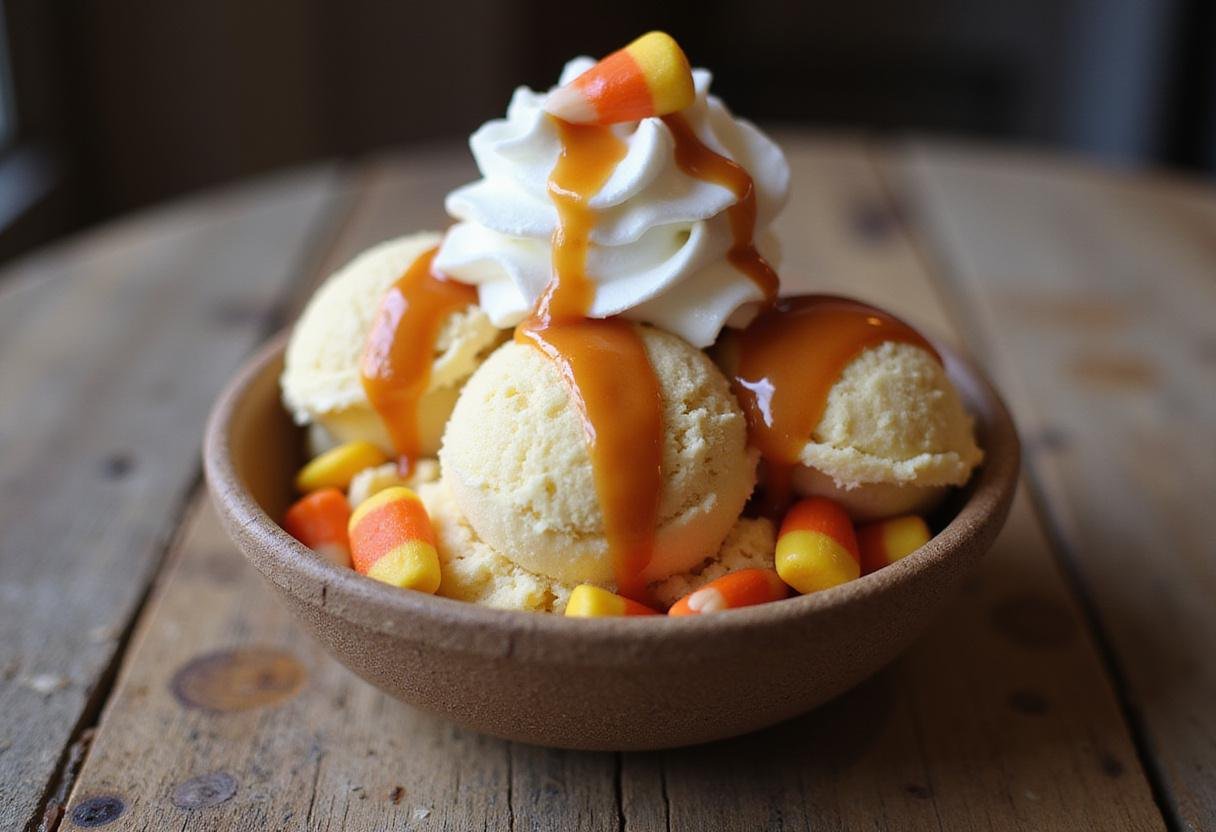 Deliciously vibrant Stranger Things Candy Corn Sundae showcasing the enticing layers of sweet ingredients perfect for Halloween treats.