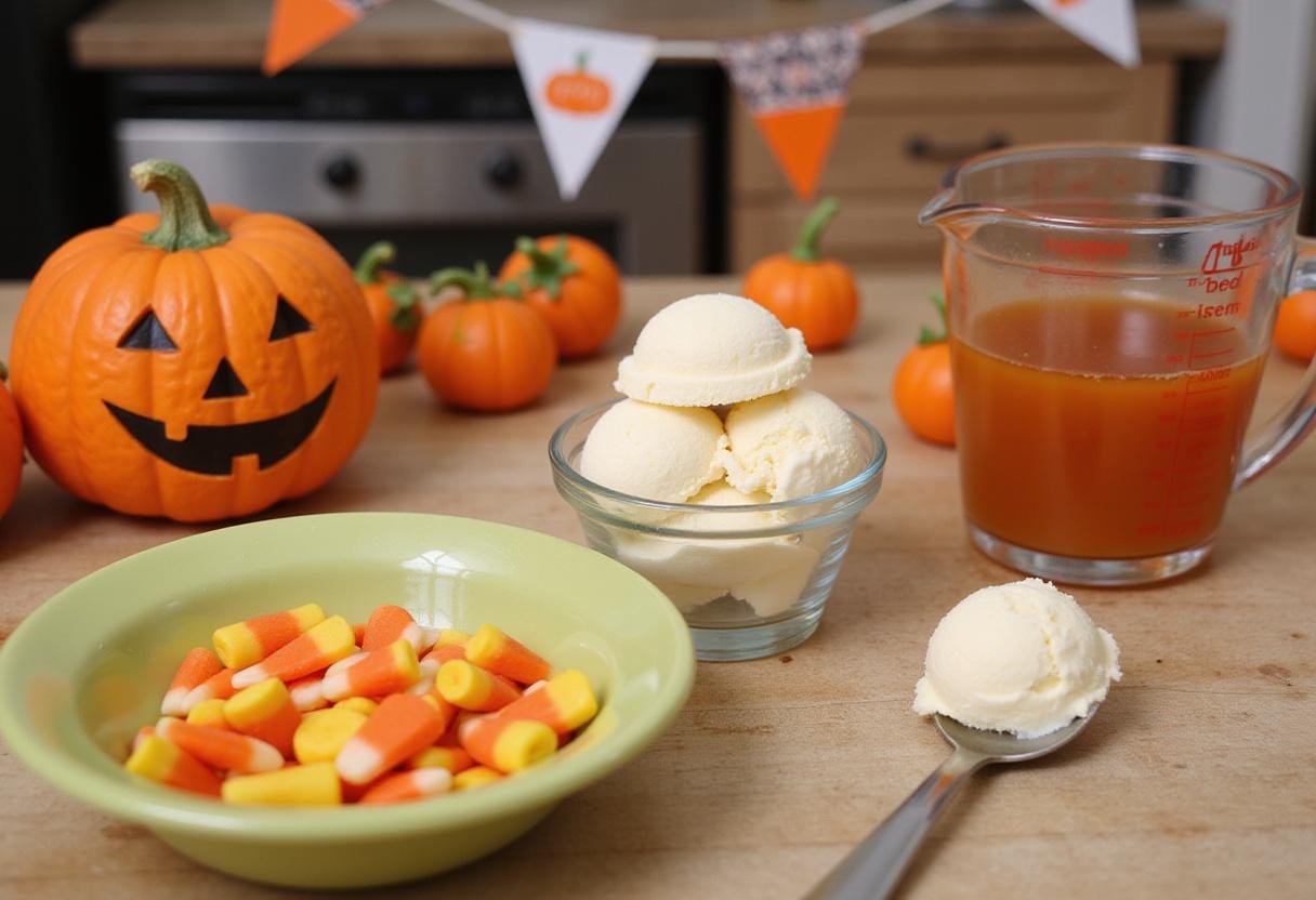Creating a spooky Stranger Things Candy Corn Sundae with candy corn and vanilla ice cream in a festive kitchen setup.