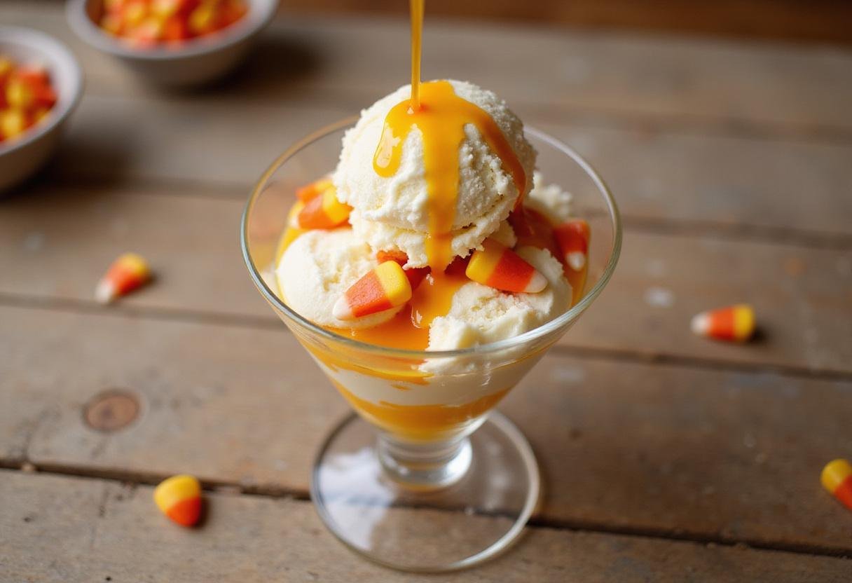 Layering the ingredients for the Stranger Things Candy Corn Sundae in a glass dish, showcasing ice cream and candy corn with syrup.