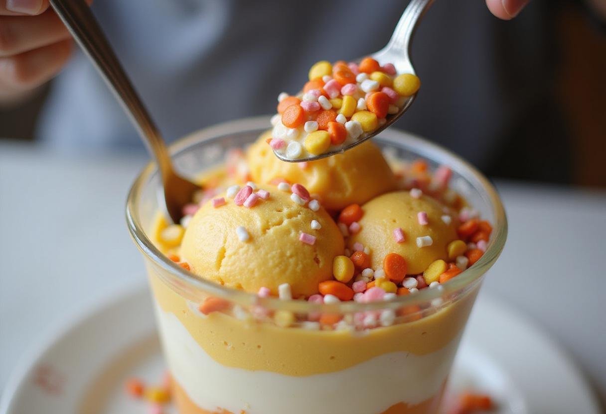 Adding final touches to the Stranger Things Candy Corn Sundae with a sprinkle of candy corn and colorful toppings in a fun dining atmosphere.