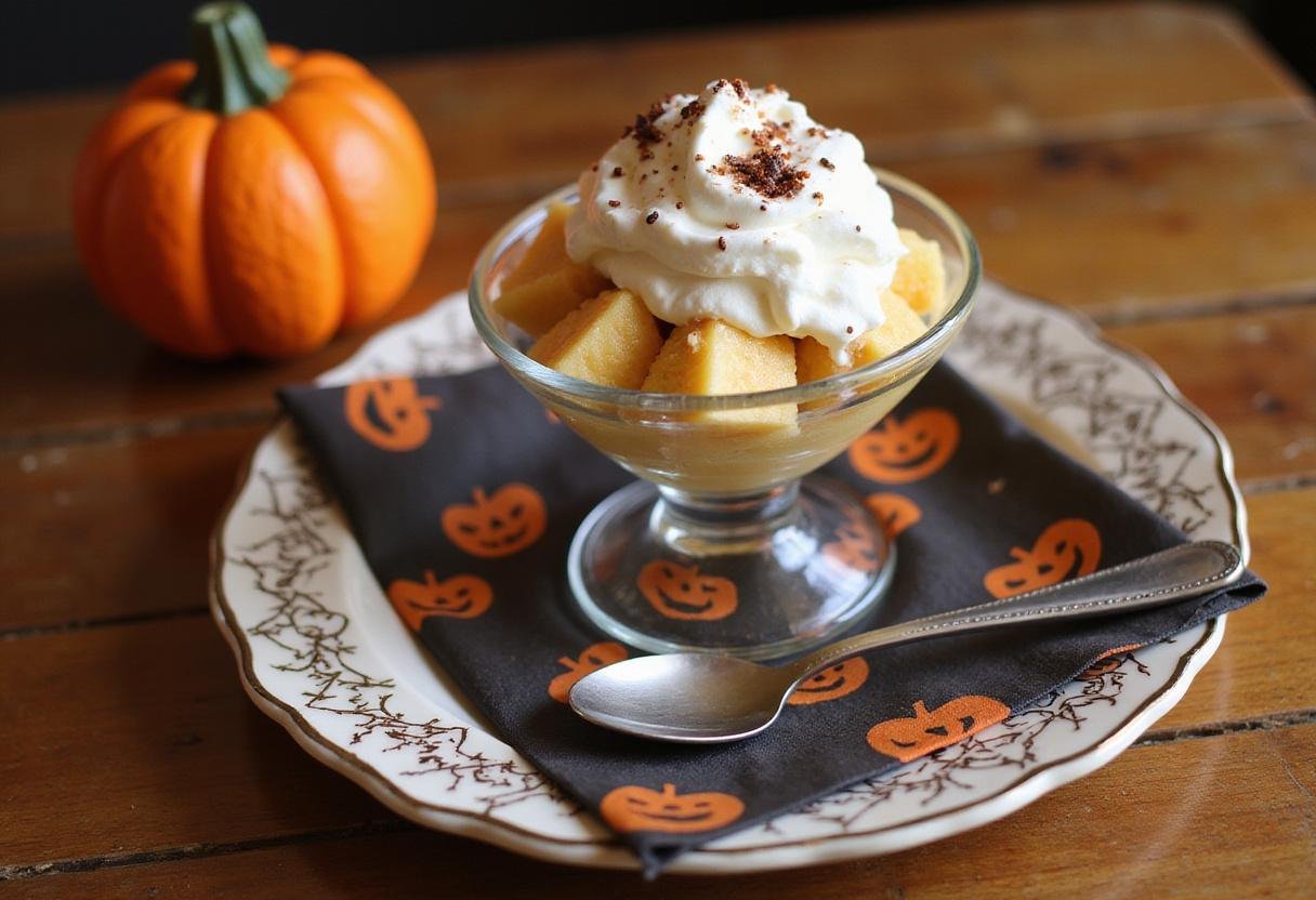 A beautifully decorated Stranger Things Candy Corn Sundae served with Halloween-themed decorations for an enticing presentation.